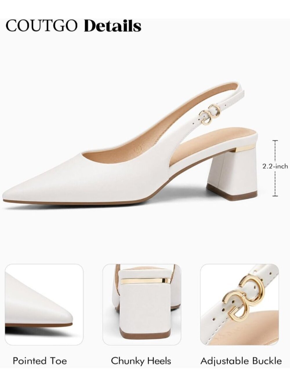 Women's White Chunky Heels Pointed Closed Toe Pumps Adjustable Strap Shoes - Picture 4 of 5